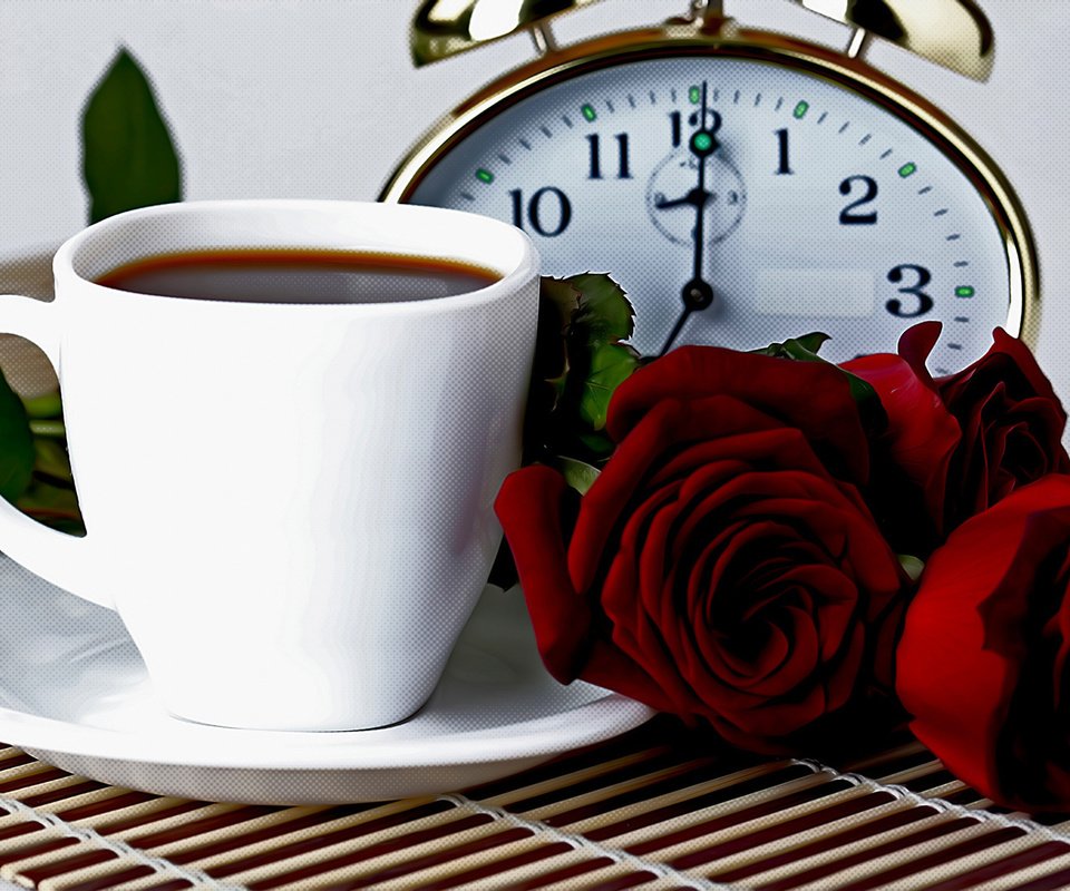 Обои цветы, розы, кофе, кружка, чашка, будильник, flowers, roses, coffee, mug, cup, alarm clock разрешение 1920x1080 Загрузить