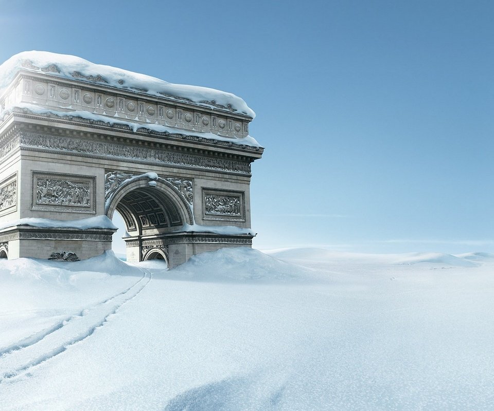 Обои креатив, hd картинка, триумфальная арка снег, creative, hd picture, arc de triomphe in the snow разрешение 1920x1080 Загрузить