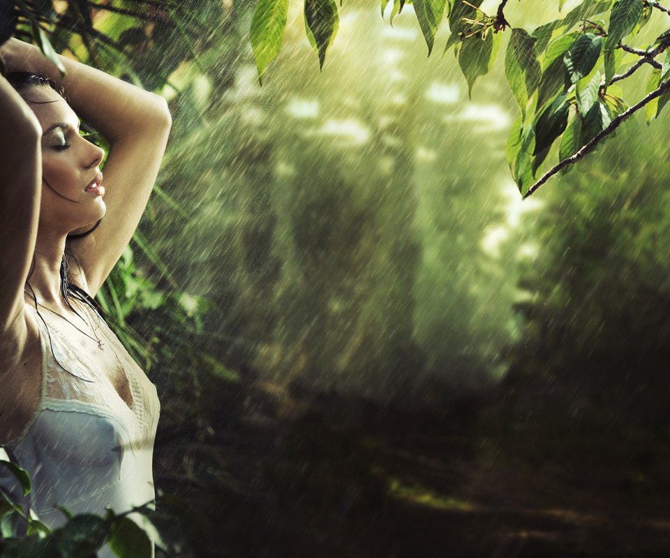 Обои природа, лес, девушка, брюнетка, дождь, nature, forest, girl, brunette, rain разрешение 2880x1800 Загрузить