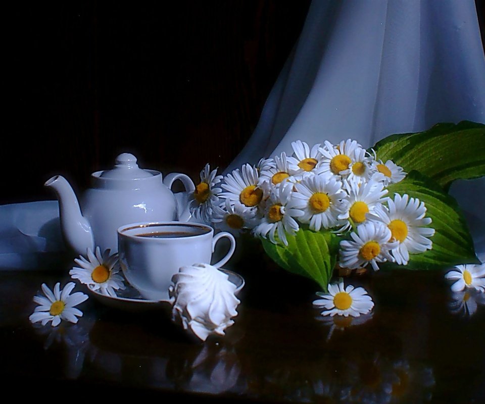 Обои ромашки, черный фон, чашка, чай, чайник, зефир, chamomile, black background, cup, tea, kettle, marshmallows разрешение 2048x1213 Загрузить