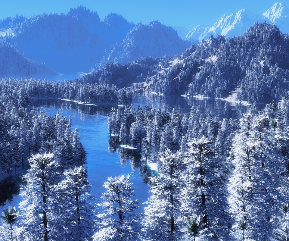 Обои деревья, река, горы, снег, природа, зима, trees, river, mountains, snow, nature, winter разрешение 2250x1266 Загрузить
