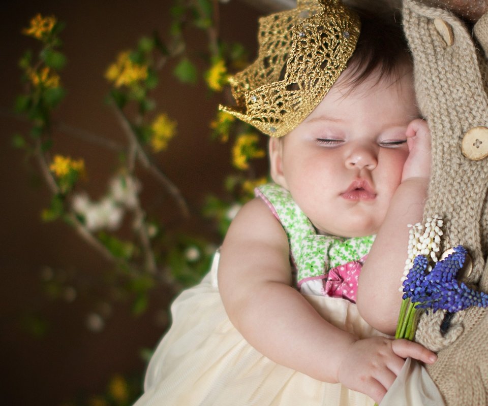 Обои цветы, сон, девочка, ребенок, младенец, корона, flowers, sleep, girl, child, baby, crown разрешение 2250x1612 Загрузить