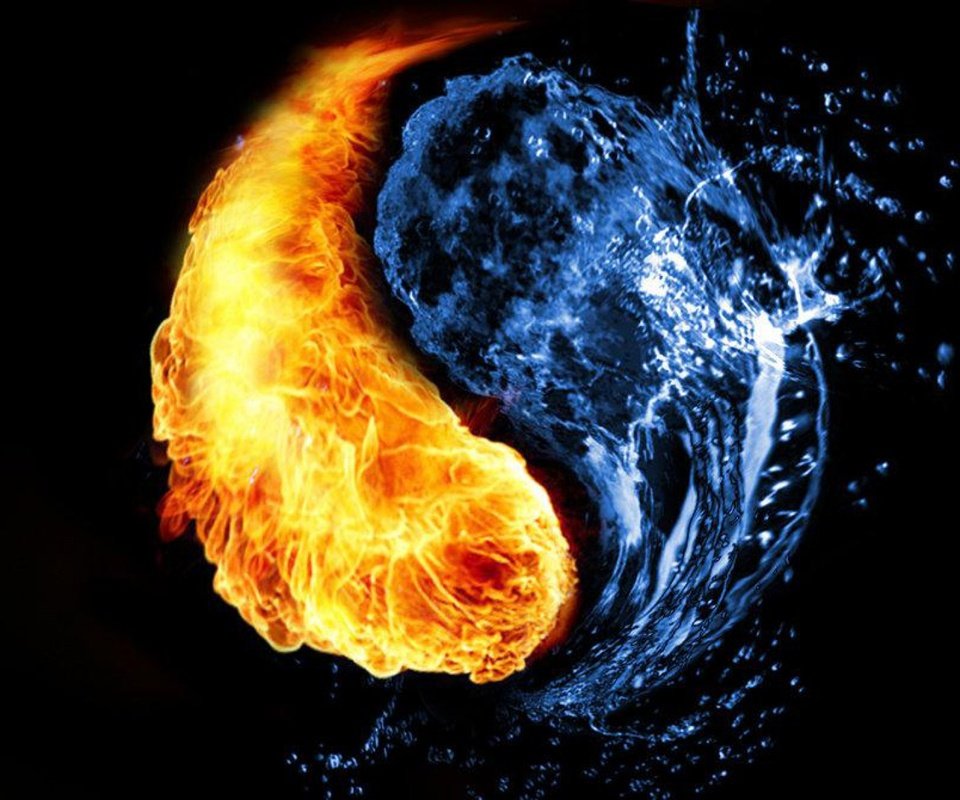 Обои вода, огонь, черный фон, инь янь, противоположенность, water, fire, black background, yin yang, the opposite разрешение 1920x1200 Загрузить