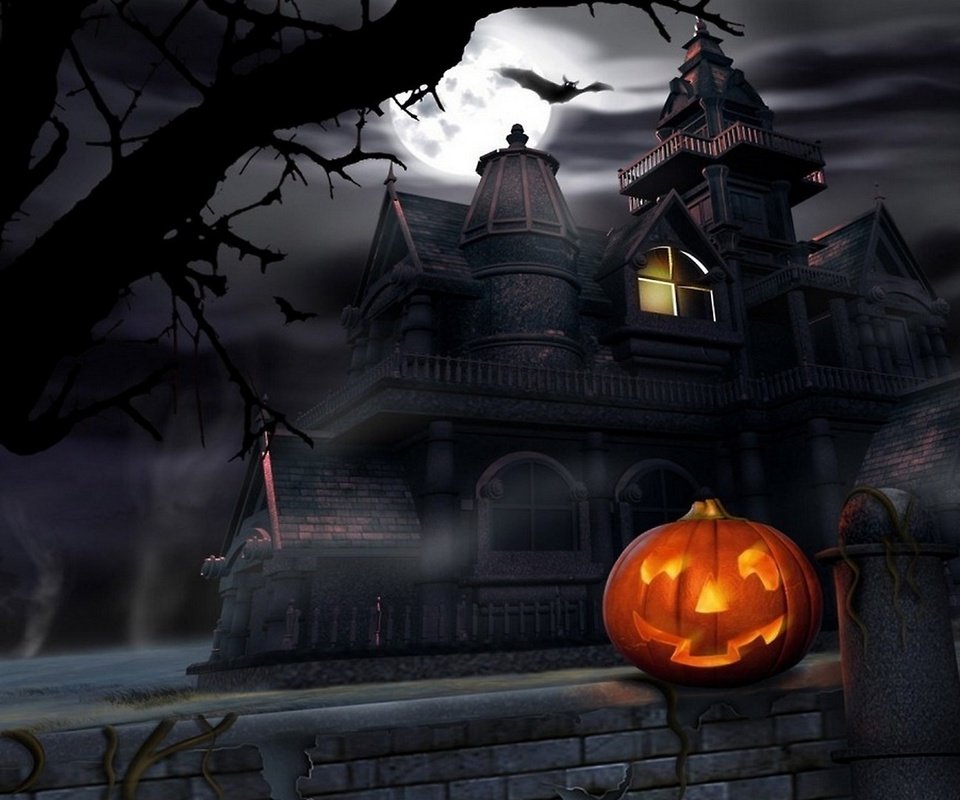 Обои тыква и мрачный замок, pumpkin and dark castle разрешение 2560x1440 Загрузить