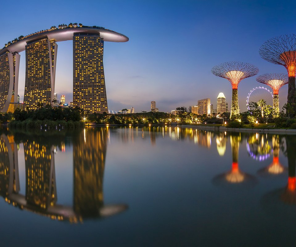 Обои ночь, огни, отражение, море, город, здания, сингапур, night, lights, reflection, sea, the city, building, singapore разрешение 1920x1200 Загрузить