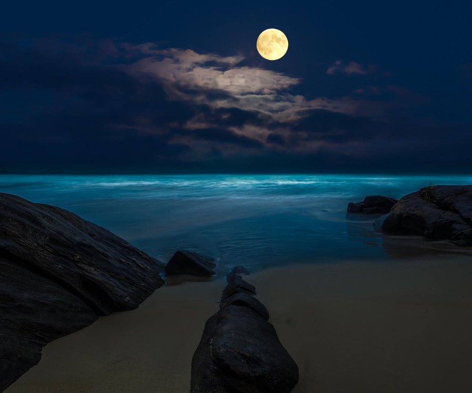 Обои ночь, море, пляж, луна, полнолуние, night, sea, beach, the moon, the full moon разрешение 1920x1200 Загрузить