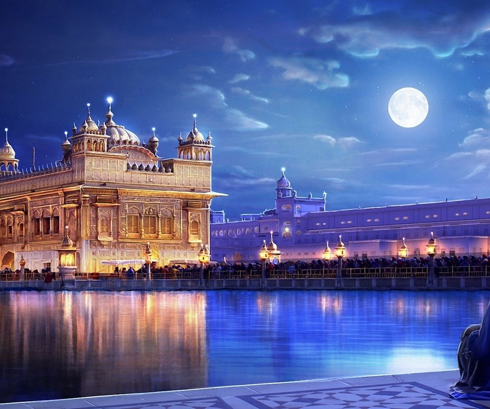 Обои ночь, огни, река, город, человек, индия, the golden temple, punjab, night, lights, river, the city, people, india разрешение 1920x1080 Загрузить