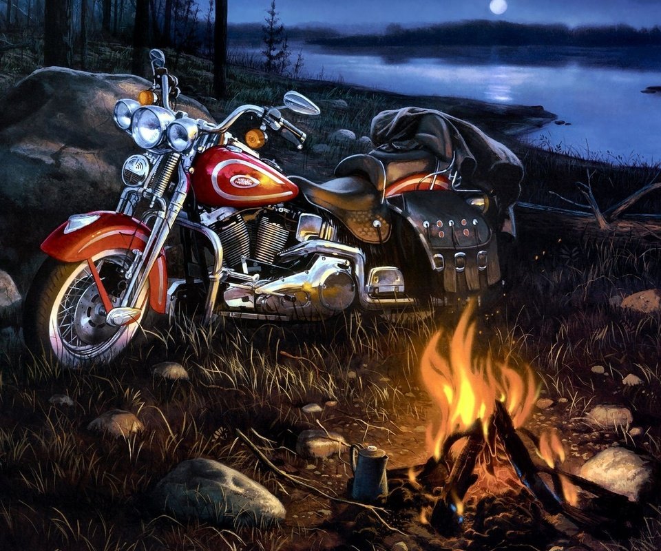 Обои арт, река, пейзаж, мотоцикл, костёр, harley-davidson, art, river, landscape, motorcycle, the fire разрешение 1920x1200 Загрузить