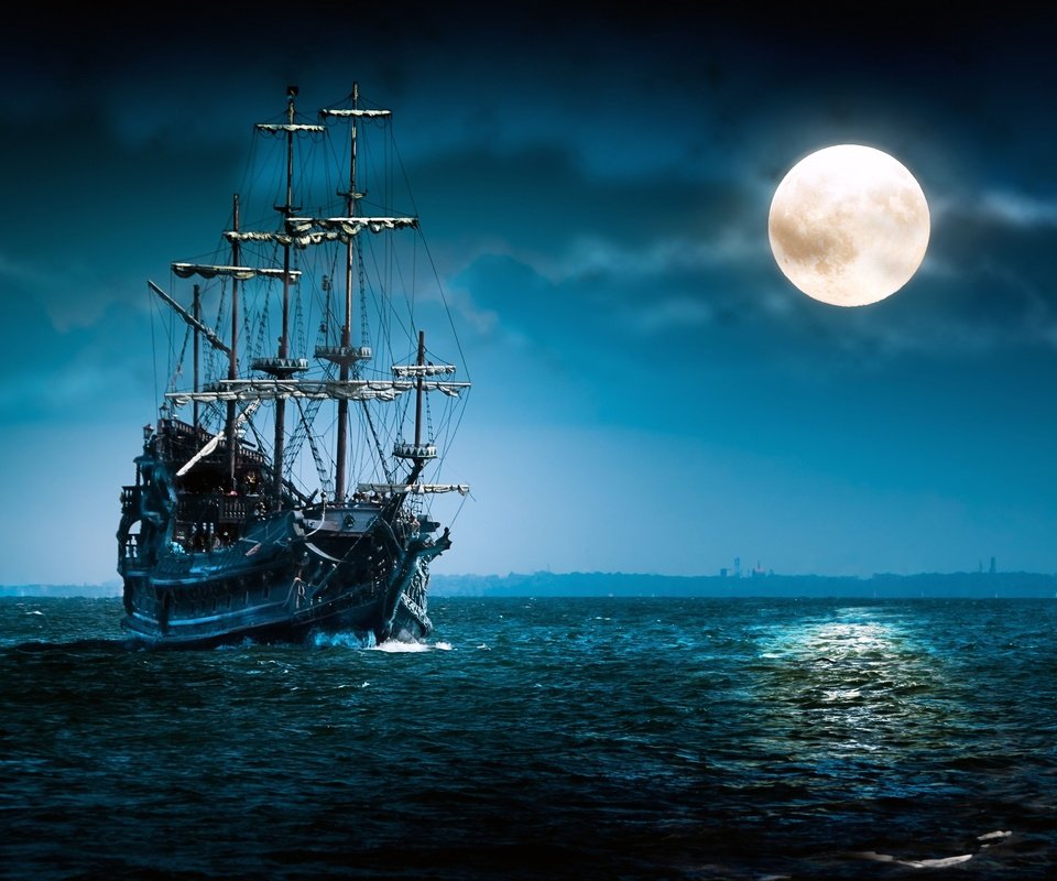 Обои море, луна, фрегат, sea, the moon, frigate разрешение 2560x1600 Загрузить