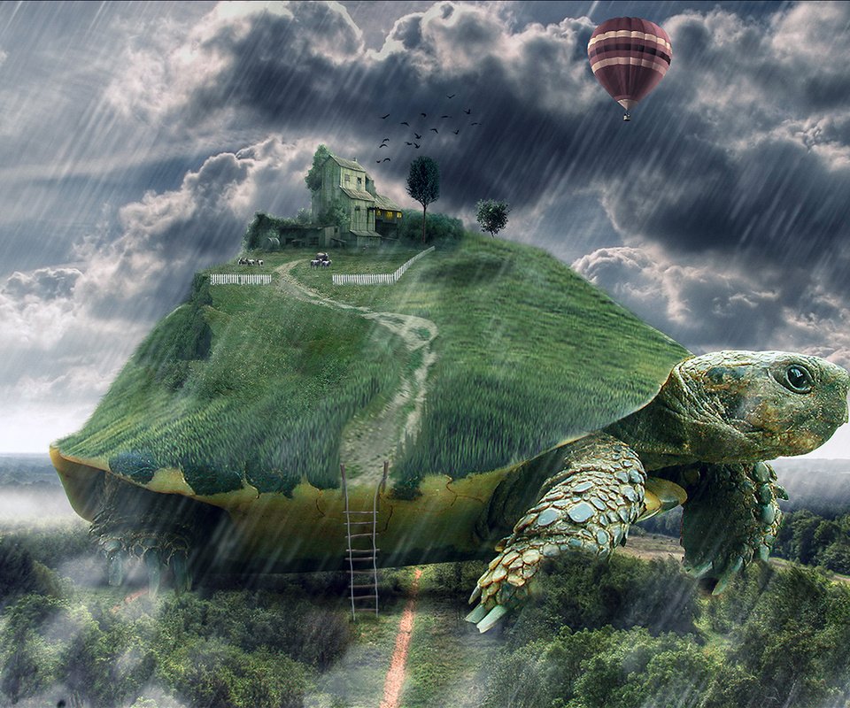 Обои арт, лестница, черепаха, дом, дождь, гигантская, art, ladder, turtle, house, rain, giant разрешение 1920x1200 Загрузить