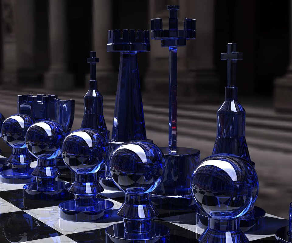 Обои шахматы, игра, стратегия, chess set, blue side, ренденринг, cтекло, chess, the game, strategy, rendering, glass разрешение 1920x1080 Загрузить