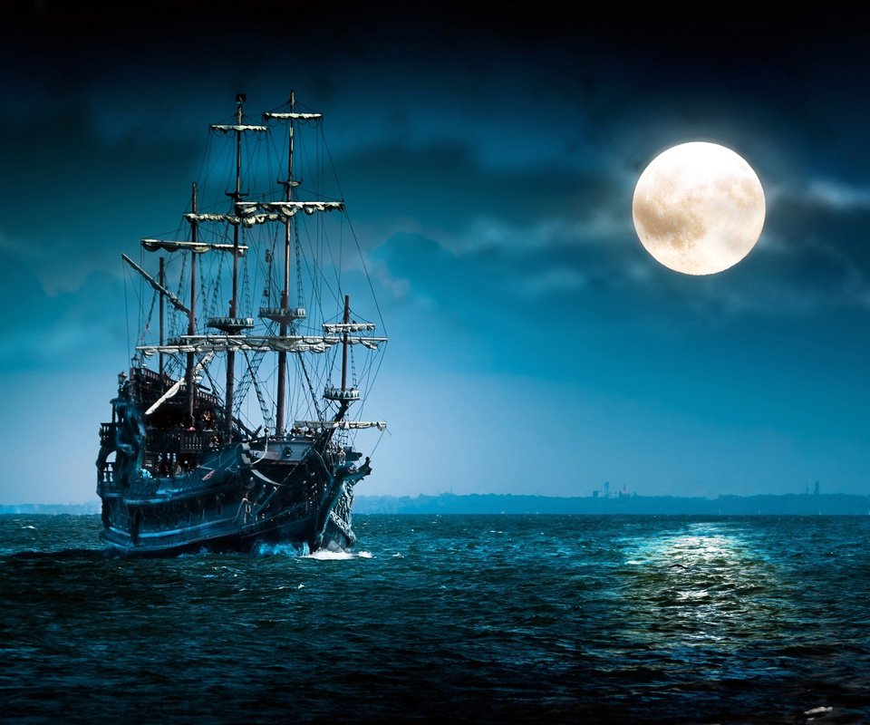 Обои ночь, море, корабль, night, sea, ship разрешение 2560x1600 Загрузить