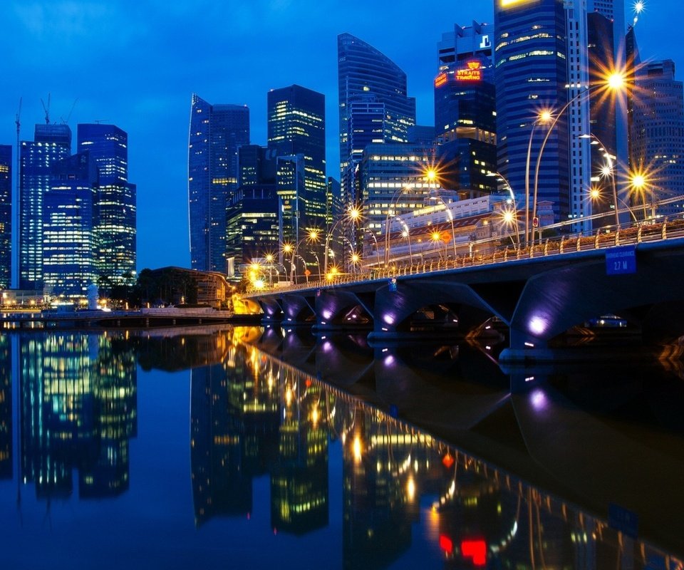 Обои ночь, река, мост, небоскребы., night, river, bridge, skyscrapers. разрешение 1920x1200 Загрузить