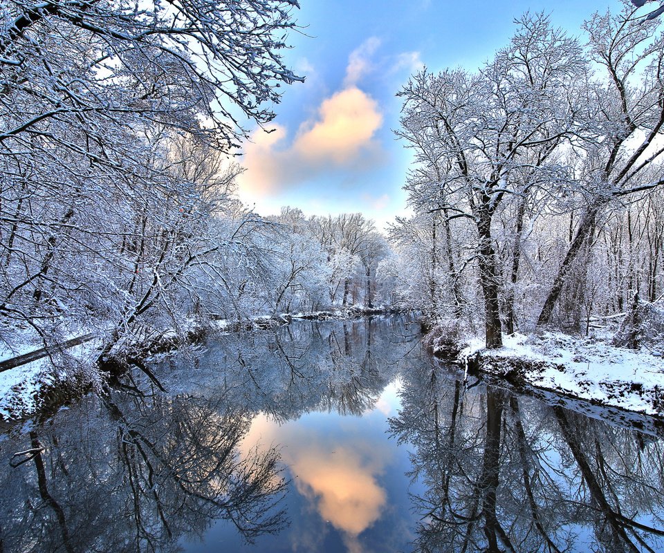 Обои река, снег, лес, зима, отражение, river, snow, forest, winter, reflection разрешение 1920x1200 Загрузить
