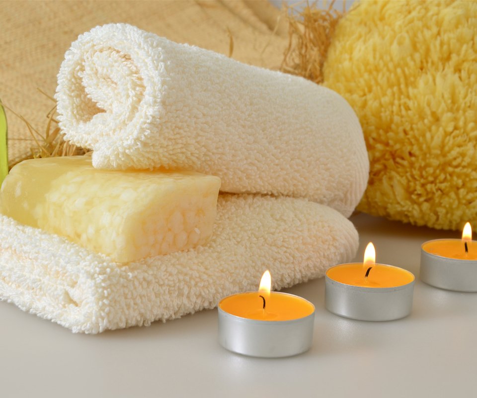 Обои свечи, полотенце, спа, мыло, гель для душа, мочалка, candles, towel, spa, soap, shower gel, washcloth разрешение 5466x3600 Загрузить