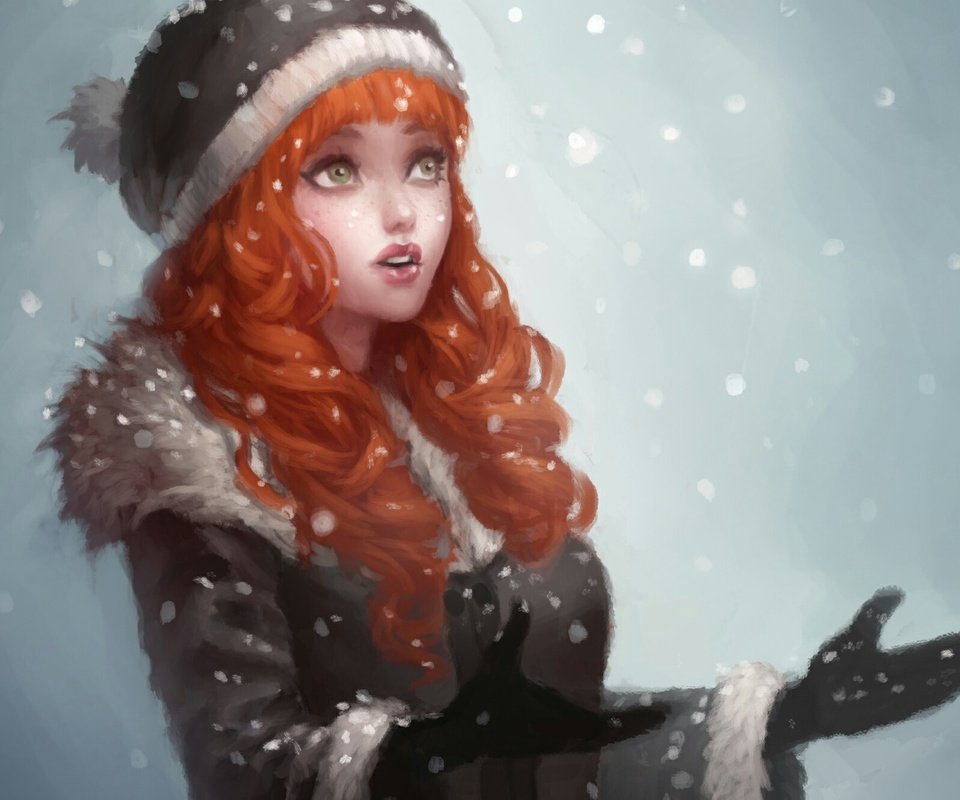 Обои арт, рисунок, снег, девушка, снежинки, рыжеволосая, art, figure, snow, girl, snowflakes, redhead разрешение 2000x1332 Загрузить