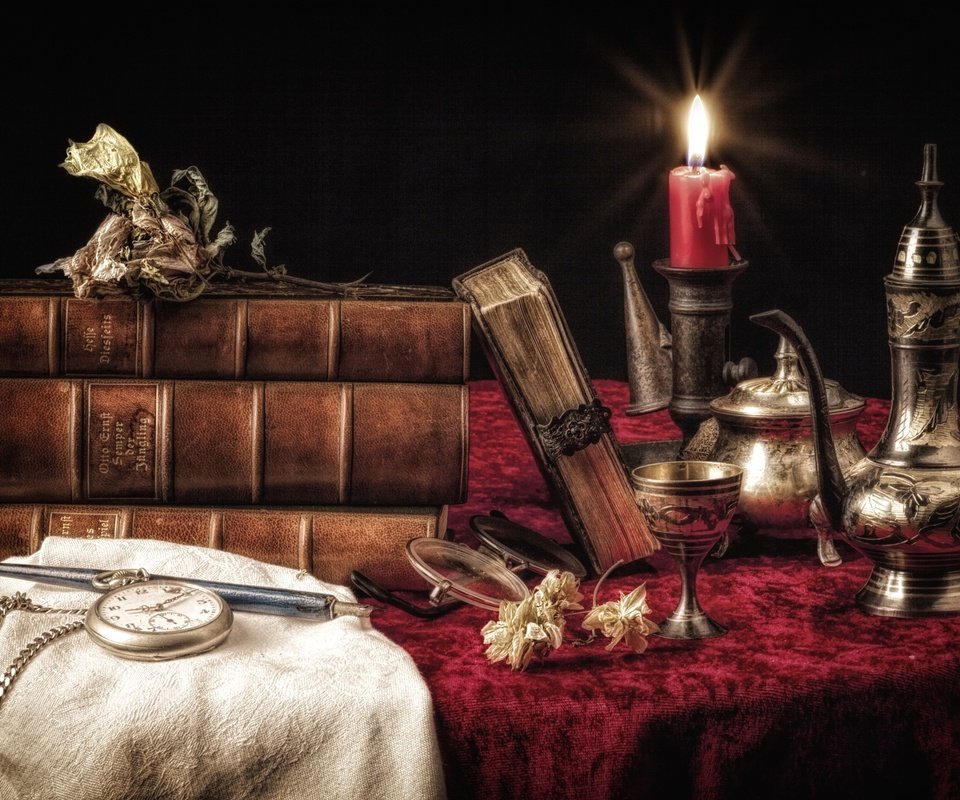 Обои книги, часы, посуда, свеча, натюрморт, books, watch, dishes, candle, still life разрешение 2700x1800 Загрузить