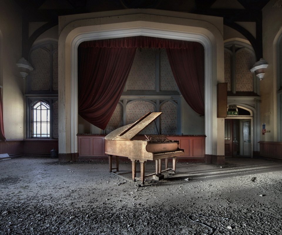 Обои музыка, зал, пианино, рояль, заброшеный, music, hall, piano, abandoned разрешение 1920x1200 Загрузить