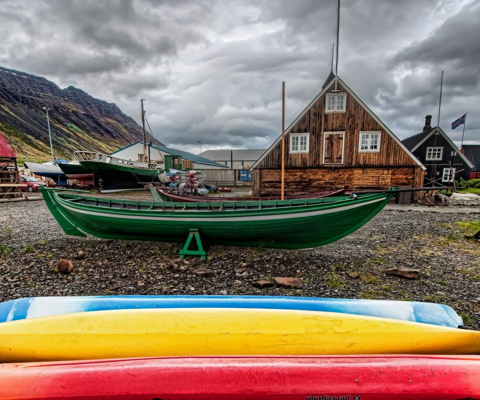 Обои пейзаж, лодки, дома, bernard mcmanus, рыбацкий поселок, landscape, boats, home, fishing village разрешение 1920x1080 Загрузить