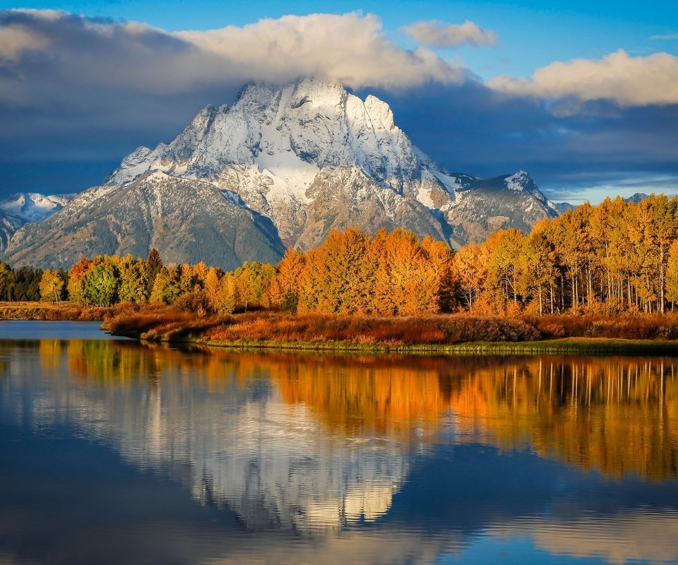 Обои утро, осень, сша, вайоминг, штат, национальный парк гранд-титон, oxbow bend, morning, autumn, usa, wyoming, state, national park grand teton разрешение 2048x1270 Загрузить