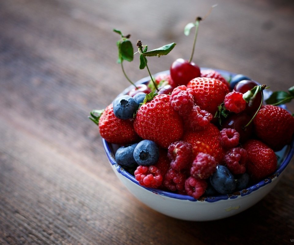 Обои малина, клубника, ягоды, вишня, черника, тарелка, raspberry, strawberry, berries, cherry, blueberries, plate разрешение 1920x1377 Загрузить
