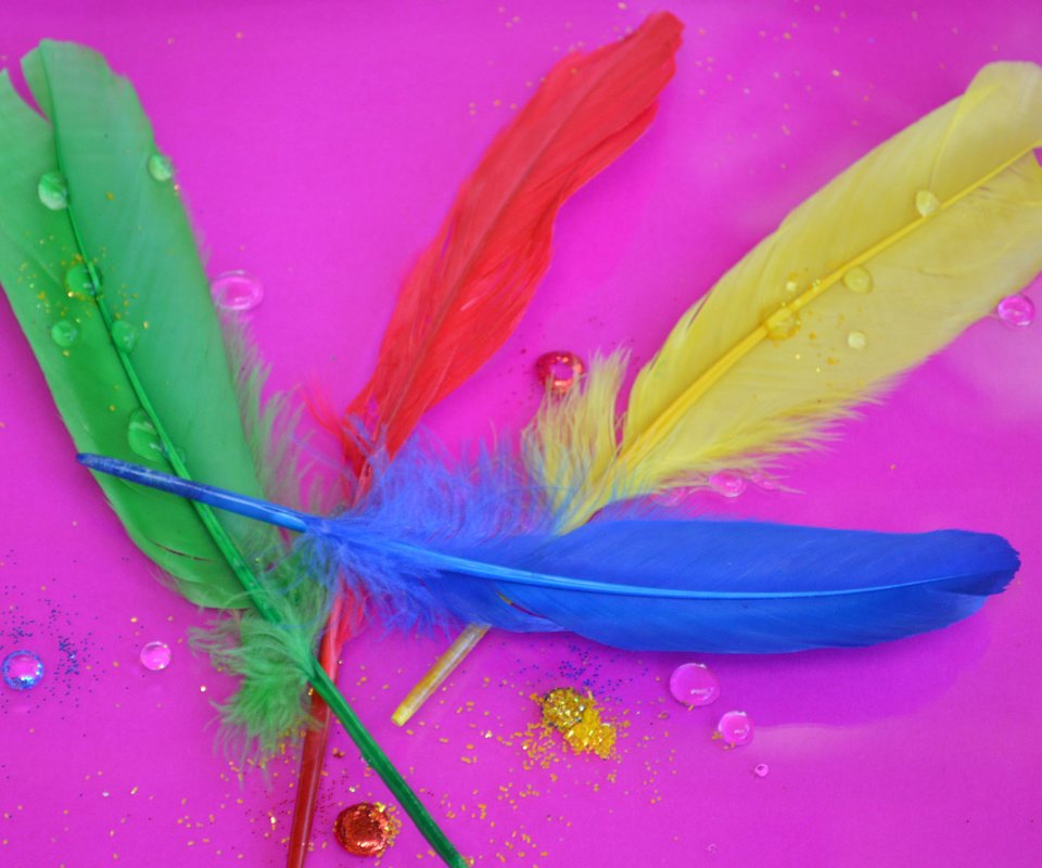 Обои капли, разноцветные, перья, розовый фон, перышки, drops, colorful, feathers, pink background разрешение 1920x1440 Загрузить