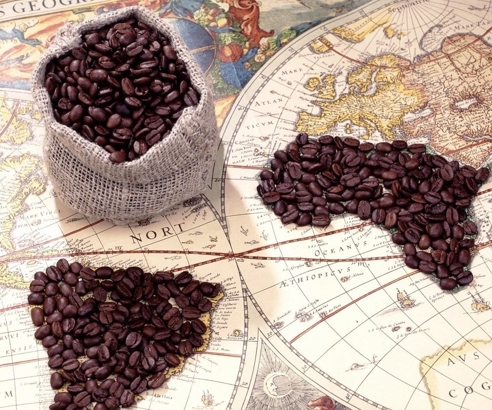 Обои кофе, карта, кофейные зерна, путешествие, мешочек, coffee, map, coffee beans, journey, pouch разрешение 1920x1200 Загрузить