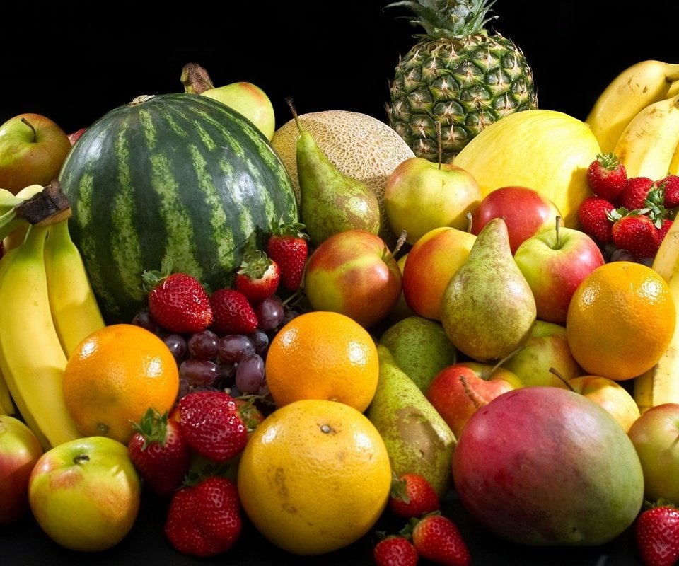 Обои виноград, ананас, фрукты, груши, яблоки, дыня, апельсины, манго, клубника, арбуз, ягоды, бананы, grapes, pineapple, fruit, pear, apples, melon, oranges, mango, strawberry, watermelon, berries, bananas разрешение 1920x1200 Загрузить