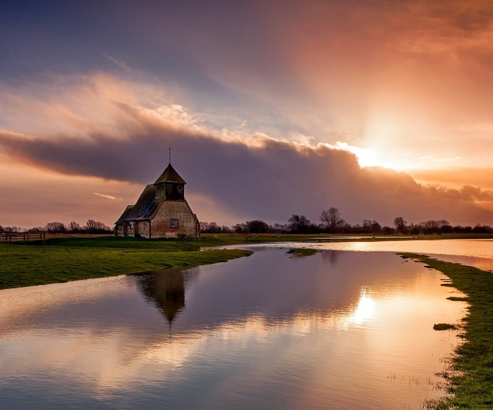 Обои природа, рассвет, великобритания, церковь, кент, fairfield church, фэрфилд, ромни-марш, nature, dawn, uk, church, kent, fairfield, romney marsh разрешение 3360x2100 Загрузить