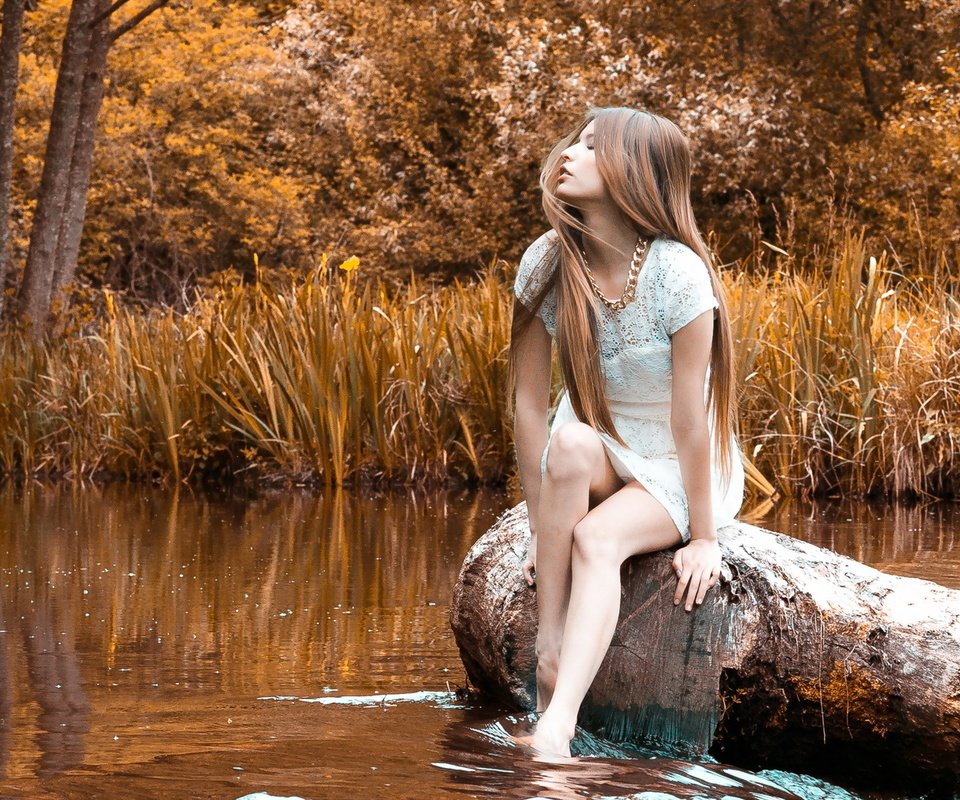 Обои река, природа, девушка, камень, бревно, шатенка, river, nature, girl, stone, log, brown hair разрешение 1920x1200 Загрузить