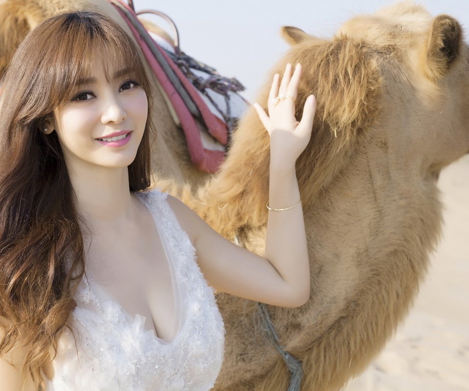 Обои девушка, животные, пустыня, азиатка, верблюд, girl, animals, desert, asian, camel разрешение 2880x1800 Загрузить