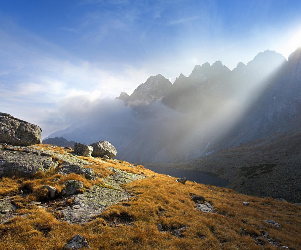 Обои горы, солнце, камни, растения, лучи, mountains, the sun, stones, plants, rays разрешение 1920x1080 Загрузить