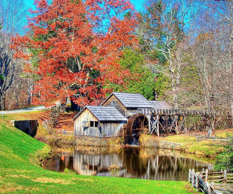 Обои деревья, река, пейзаж, осень, мельница, штат виргиния, mabry mill, trees, river, landscape, autumn, mill, virginia разрешение 1920x1281 Загрузить