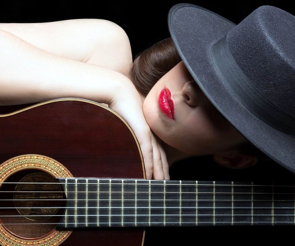 Обои девушка, гитара, шляпа, girl, guitar, hat разрешение 1920x1080 Загрузить