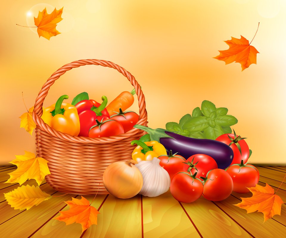 Обои листья, вектор, осень, корзина, урожай, овощи, натюрморт, leaves, vector, autumn, basket, harvest, vegetables, still life разрешение 4340x3400 Загрузить