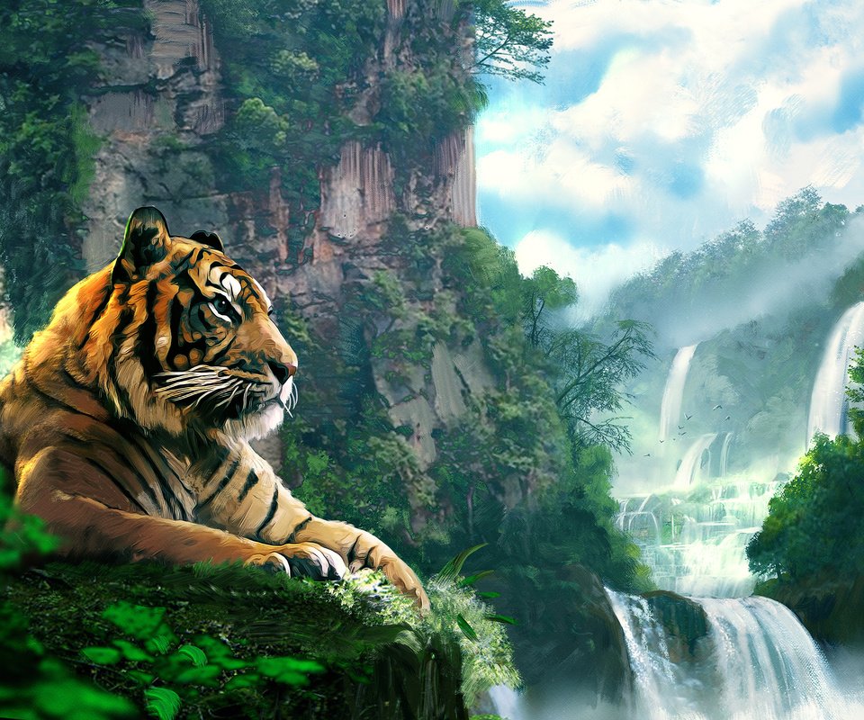 Обои тигр, арт, лес, пейзаж, гора, водопад, tiger, art, forest, landscape, mountain, waterfall разрешение 2500x1516 Загрузить