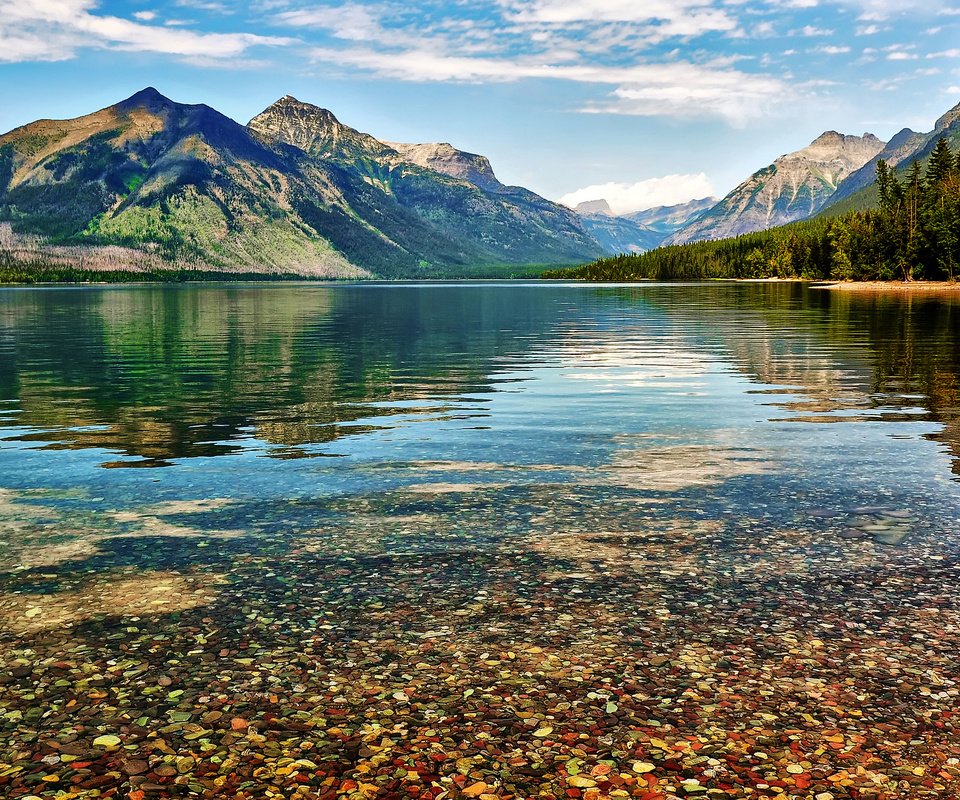 Обои небо, озеро, горы, камни, сша, штат монтана, озеро макдональд, mcdonald lake, the sky, lake, mountains, stones, usa, montana разрешение 2048x1235 Загрузить