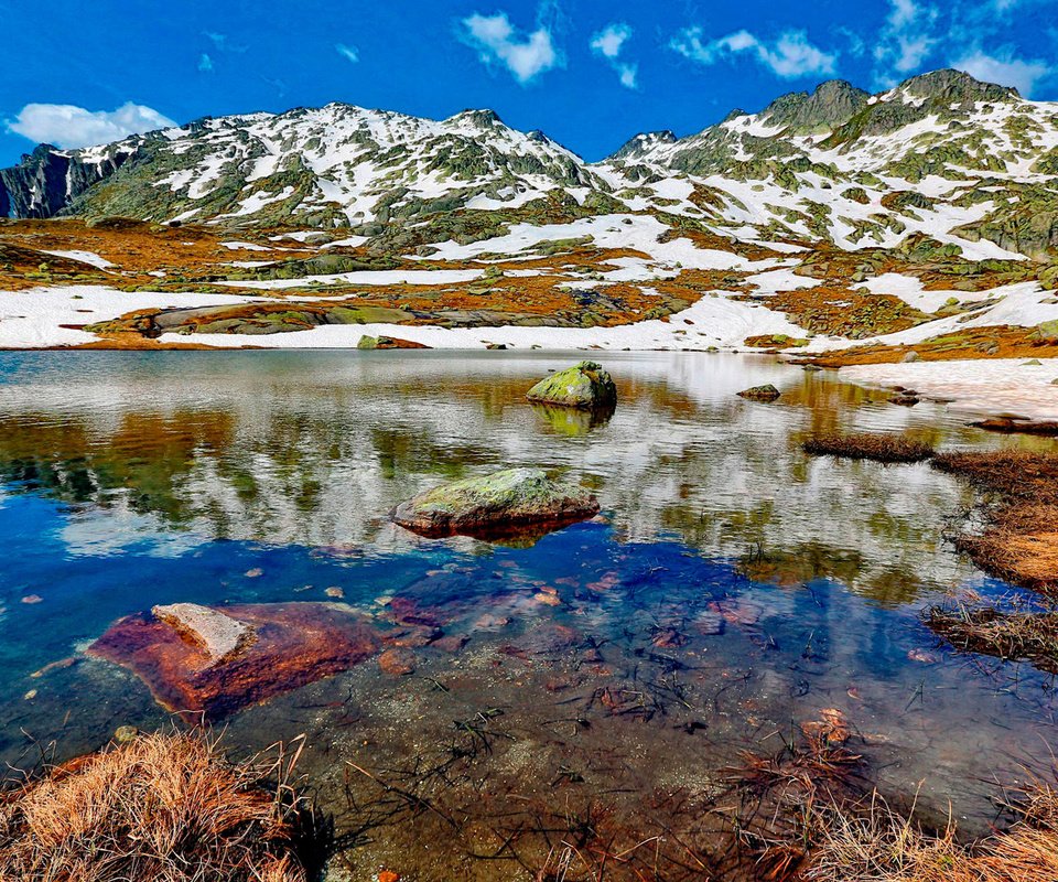 Обои небо, облака, озеро, горы, снег, камни, the sky, clouds, lake, mountains, snow, stones разрешение 1920x1265 Загрузить