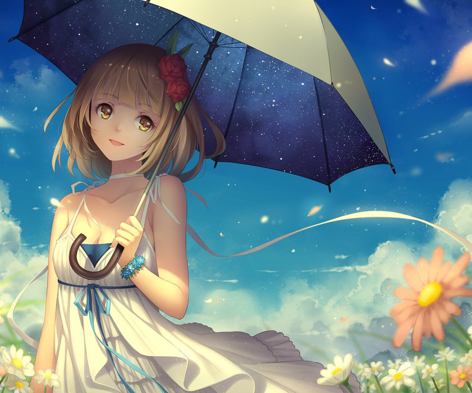 Обои цветы, арт, девушка, взгляд, аниме, зонт, flowers, art, girl, look, anime, umbrella разрешение 1920x1358 Загрузить