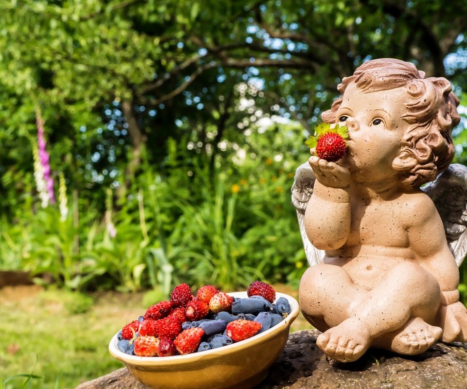 Обои статуэтка, ангел, ягоды, земляника, жимолость, figurine, angel, berries, strawberries, honeysuckle разрешение 3000x1955 Загрузить