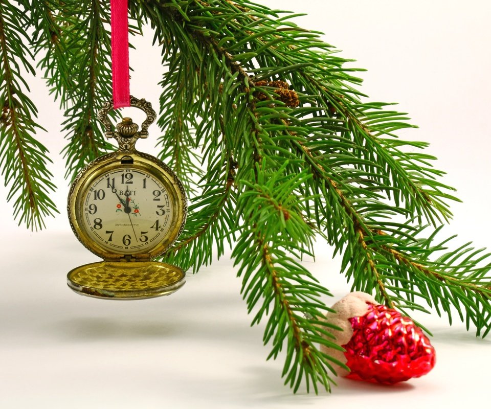 Обои часы, игрушка, ель, еловая ветка, watch, toy, spruce, spruce branch разрешение 2400x1600 Загрузить