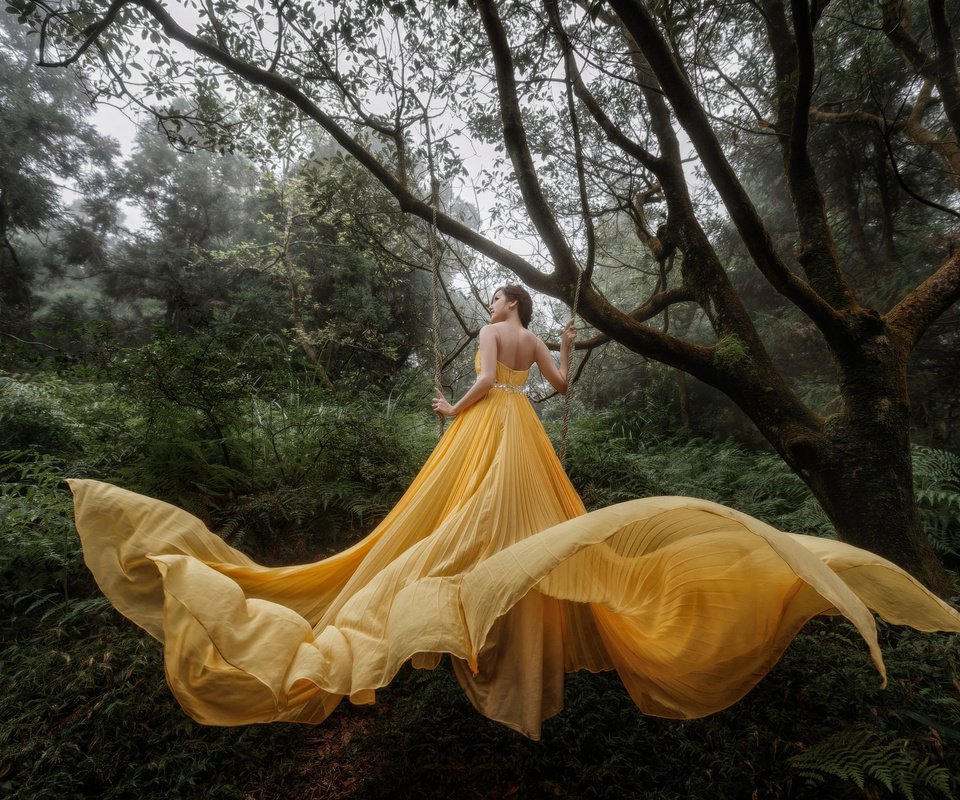 Обои лес, девушка, желтое платье, forest, girl, yellow dress разрешение 2048x1363 Загрузить