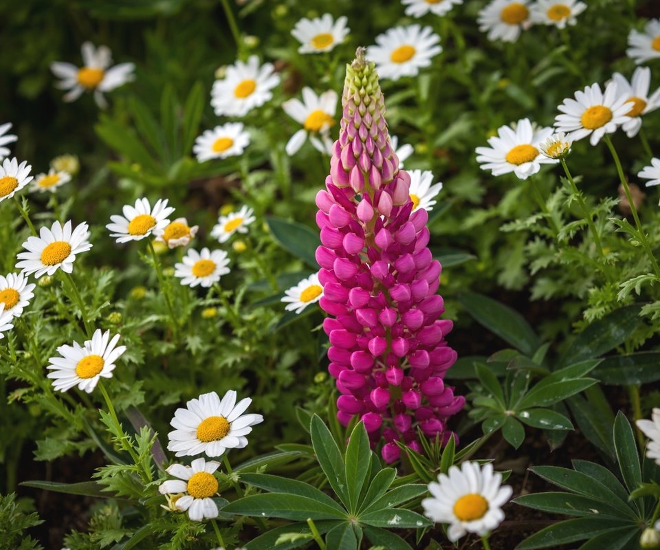 Обои цветы, листья, лето, лепестки, ромашки, люпин, flowers, leaves, summer, petals, chamomile, lupin разрешение 2700x1708 Загрузить