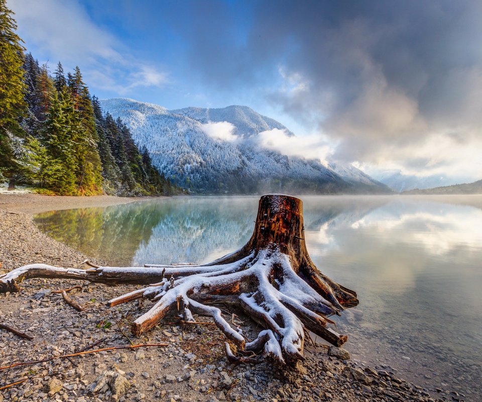 Обои озеро, tirol, горы, снег, берег, лес, австрия, коряга, тироль, lake, mountains, snow, shore, forest, austria, snag, tyrol разрешение 3750x2500 Загрузить