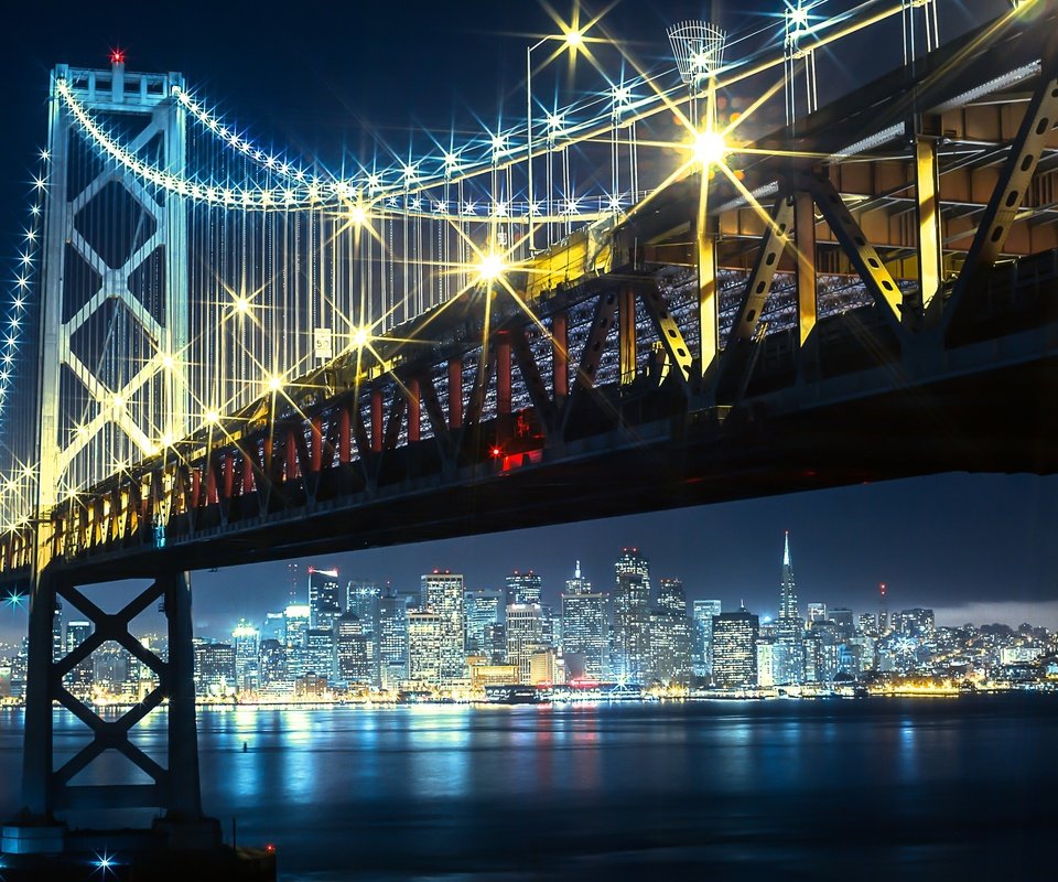 Обои ночь, огни, мост, залив, сша, сан-франциско, золотые ворота, night, lights, bridge, bay, usa, san francisco, golden gate разрешение 2880x1800 Загрузить