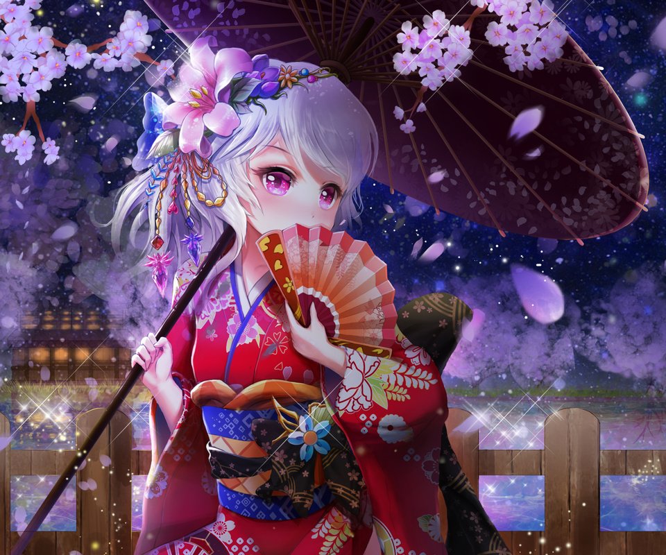 Обои цветение, аниме, зонт, сакура, кимоно, веер, юката, flowering, anime, umbrella, sakura, kimono, fan, yukata разрешение 2079x1605 Загрузить