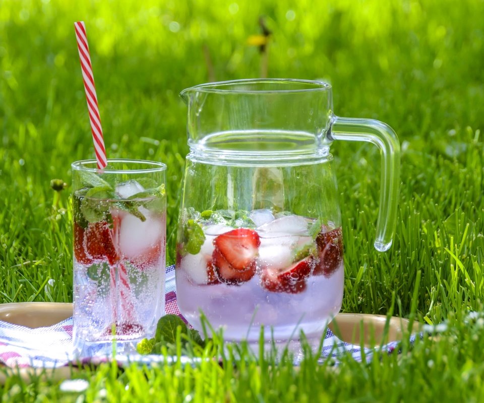 Обои трава, напиток, клубника, лёд, стакан, кувшин, лимонад, grass, drink, strawberry, ice, glass, pitcher, lemonade разрешение 3000x2000 Загрузить