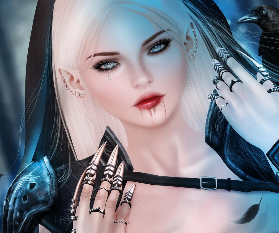 Обои девушка, блондинка, кровь, ворон, эльф, слеза, краги, girl, blonde, blood, raven, elf, tear, leggings разрешение 3000x1663 Загрузить