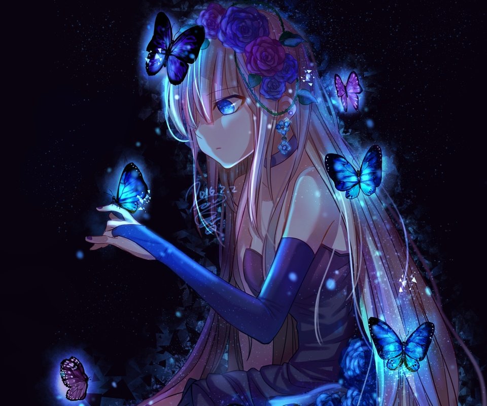 Обои цветы, арт, девушка, аниме, бабочки, krain0406, анеме, flowers, art, girl, anime, butterfly разрешение 3000x2576 Загрузить