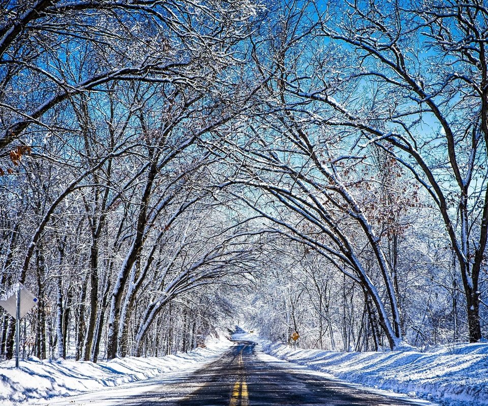 Обои небо, дорога, деревья, снег, зима, туннель, the sky, road, trees, snow, winter, the tunnel разрешение 4896x2690 Загрузить